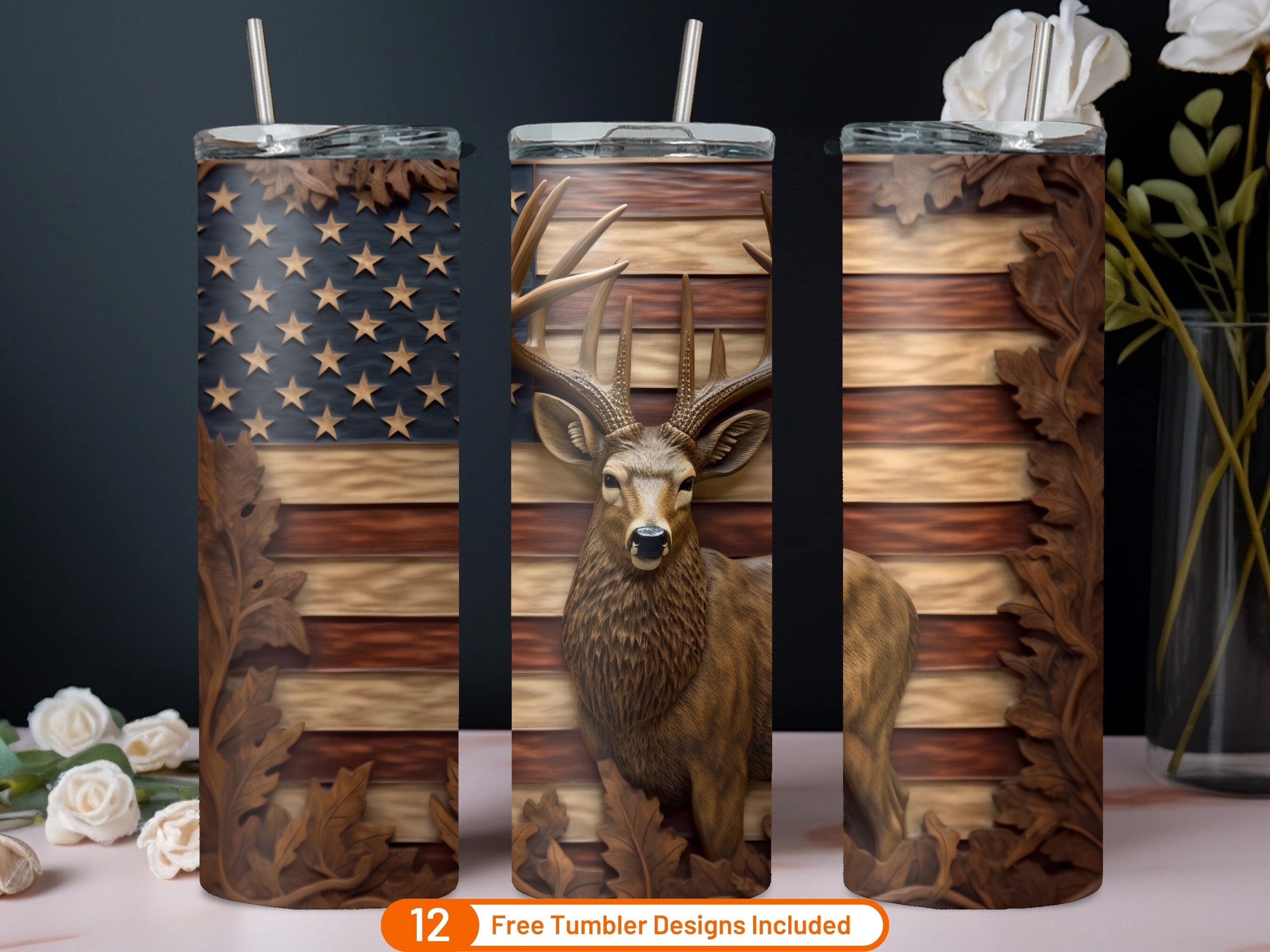3D Tumbler Wrap 3D Deer American Flag 20 Oz Skinny Tumbler Sublimation ...
