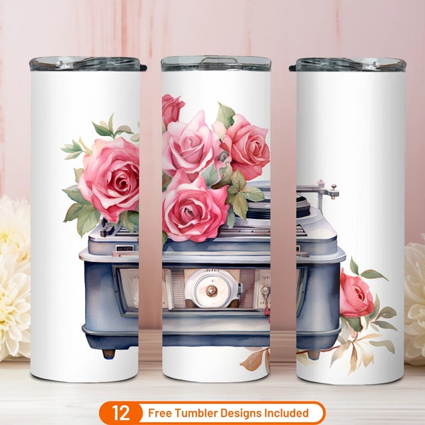 Retro Turntable Floral Art Tumbler Wrap 20 oz Skinny Tumbler Sublimation Design Digital Download PNG