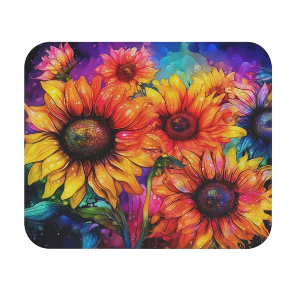 Alcohol Ink Sunflowers Mouse Pad Neon Rainbow Mousepad Floral Seamless Mouse Pad