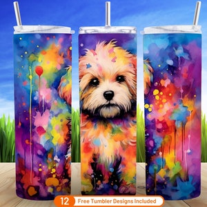 Alcohol Ink Cute Coton De Tulear Dog  20 oz Skinny Tumbler Sublimation Design Seamless Neon Rainbow Dog Mom 20 & 30oz Digital Download PNG
