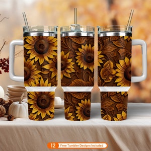 Tooled Leather Sunflowers Western 40oz Tumbler Warp Digital Download PNG, Wood Engrave Western Flowers 40oz Tumbler Design Sublimation