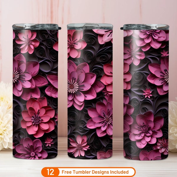 3D Quilled Hot Pink and Black Flowers 3D Tumbler Wrap 20 oz Skinny Tumbler Sublimation Design Digital Download PNG