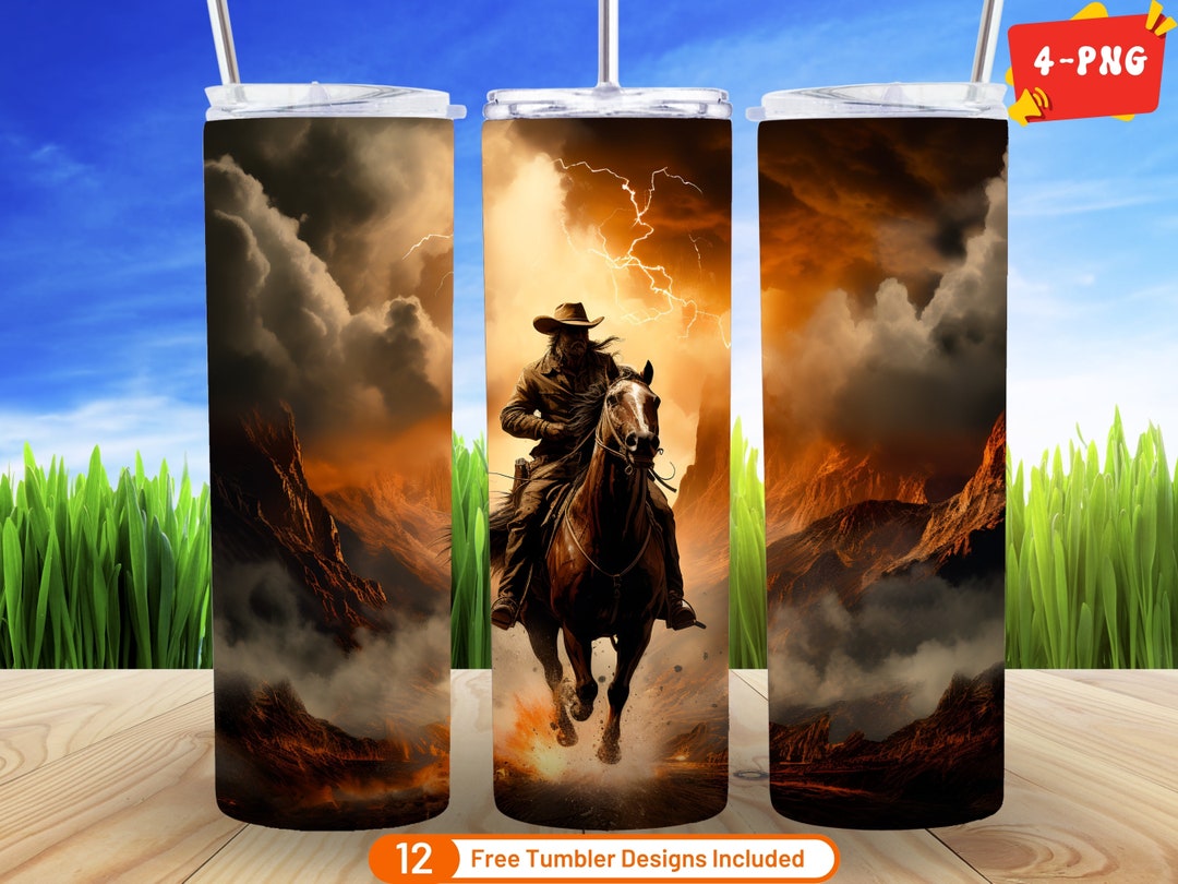 4 Western Cowboy Riding Horse 3D Tumbler Wrap 20 Oz Skinny Tumbler ...