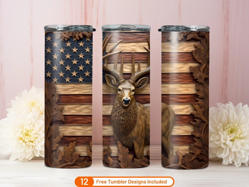 3D Tumbler Wrap 3D Deer American Flag 20 Oz Skinny Tumbler Sublimation ...