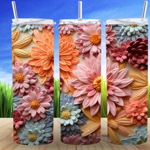 3D Brodé Fleurs 20 oz Skinny Tumbler Sublimation Design Téléchargement numérique PNG 3D Brodé Floral Skinny Tumbler Wrap PNG