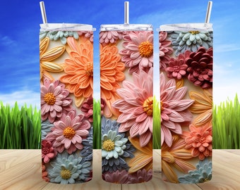 3D Embroidered Flowers 20 oz Skinny Tumbler Sublimation Design Digital Download PNG 3D Embroidered Floral Skinny Tumbler Wrap PNG