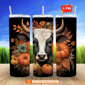 4 Modern Boho Fall Heifer Pumpkins Art 3D Tumbler Wrap 20 oz Flaco Vaso Diseño de sublimación Descarga digital Paquete PNG