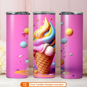 3D Summer Ice Cream 20 oz Skinny Tumbler Sublimation Design Téléchargement numérique PNG 3D Ice Cream Tumbler Warp Png 3D Art Design