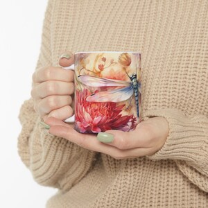 Watercolor DragonflyFloral Mug Sublimation Design Digital Download PNG Watercolor Colorful Dragonflies Flowers 11 oz and 15 oz Mugs PNG