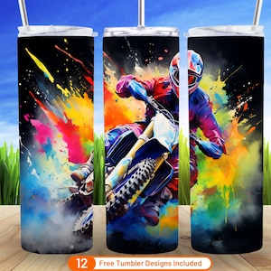 Alcohol Ink Freestyle Motocross 20 oz Skinny Tumbler Sublimation Design Digital Download PNG Motorcycle Racing Dirtbike Neon Rainbow Wrap