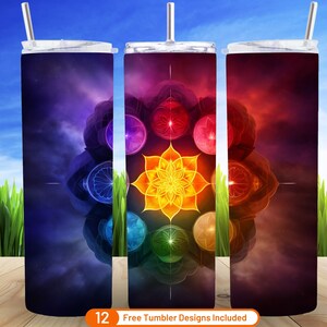 Chakra Yoga 20 oz Skinny Tumbler Sublimation Design Digital Download PNG Healing Crystals Chakra Yoga Seamless Tumbler Wrap