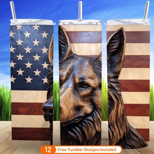 3D Tumbler Wrap 3D German Shepherd American Flag 20 oz Skinny Tumbler Sublimation Design Digital Download PNG Wood German Shepherd Tumbler