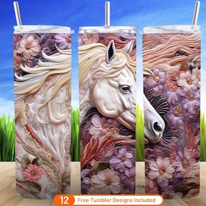 3D Floral Horse Tumbler Wrap 3D Embroidered Horse 20 oz Skinny Tumbler Sublimation Design 3D Embroidered Flowers 20 & 30oz Warp