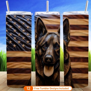 3D Tumbler Wrap 3D German Shepherd American Flag 20 oz Skinny Tumbler Sublimation Design Digital Download PNG Wood German Shepherd Tumbler