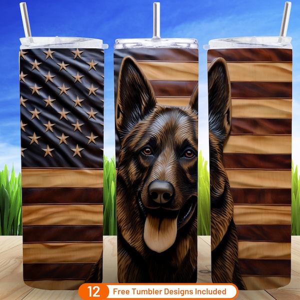 3D Tumbler Wrap 3D German Shepherd American Flag 20 oz Skinny Tumbler Sublimation Design Digital Download PNG Wood German Shepherd Tumbler