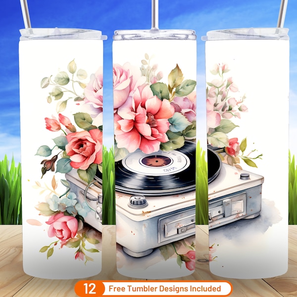 Retro Turntable Floral Art Tumbler Wrap 20 oz Skinny Tumbler Sublimation Design Digital Download PNG