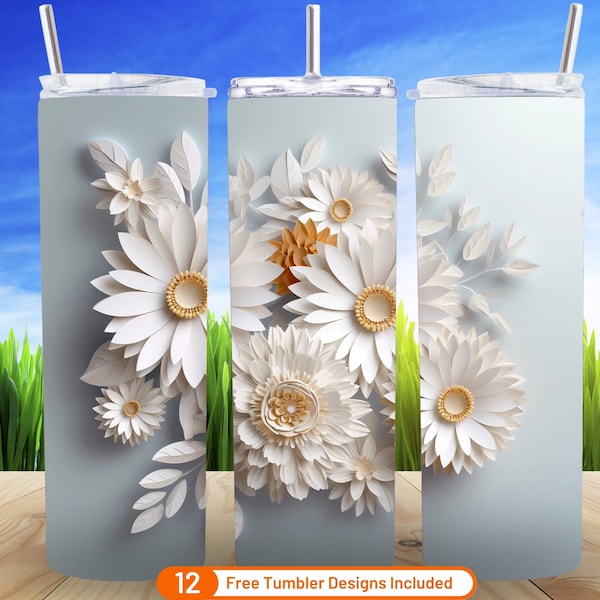 3D White Wild Flowers 20 oz Skinny Tumbler Sublimation Design Digital Download PNG 3D Wedding Flowers Tumbler Warp 3D Floral Art PNG
