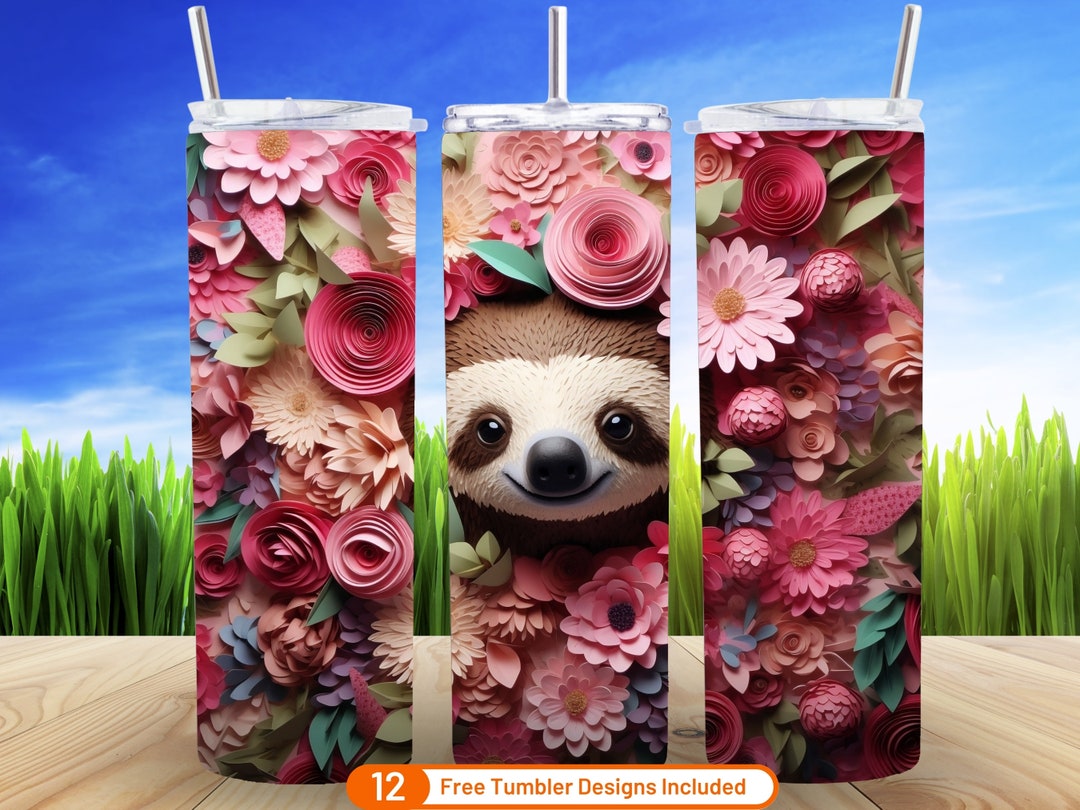 3D Floral Sloth 20 Oz Skinny Tumbler Sublimation Design Digital ...