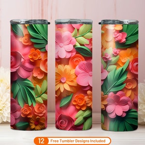 3D Pink Flowers Tumbler Warp 20 oz Skinny Tumbler Sublimation Design Digital Download PNG 3 Pink Floral Skinny Tumbler Wrap PNG