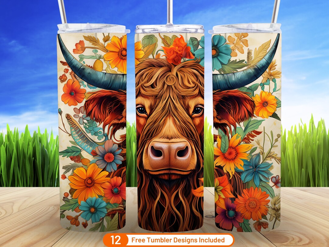 Highland Cow Boho Summer Floral 3D Tumbler Wrap 20 Oz Skinny Tumbler ...