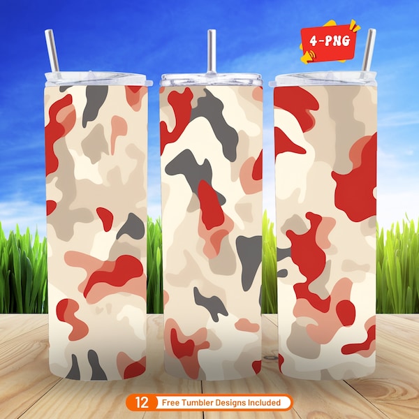 4 Camouflage Seamless 3D Tumbler Wrap 20 oz Skinny Tumbler Sublimation Design Digital Download Red Camo PNG Bundle