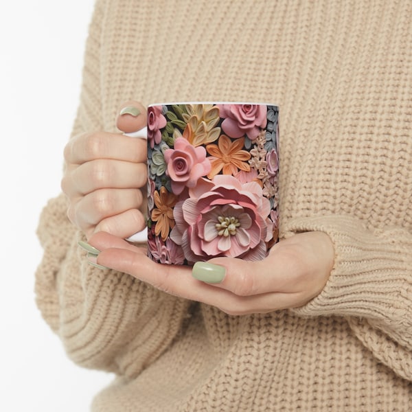 3D Embroidered Flowers Mug Sublimation Design Digital Download PNG 3D Embroidered Floral 11 oz and 15 oz Mugs Warp PNG