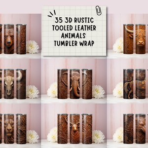 35 3D Rustic Tooled Leather Animals Warp Tumbler Bundle 20oz Skinny Tumbler Sublimation Design Digital Download PNG 3D Rustic West Animals