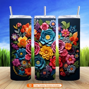 Mexican 3D Embroidery Flowers Tumbler Wrap, 20 oz Skinny Tumbler Design, Perfect for Sublimation Crafts, Unique Digital Download Gift