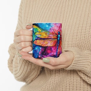 Alcohol Ink Dragonfly Floral Mug Sublimation Design Digital Download PNG Colorful Dragonflies Flowers 11 oz and 15 oz Mugs PNG