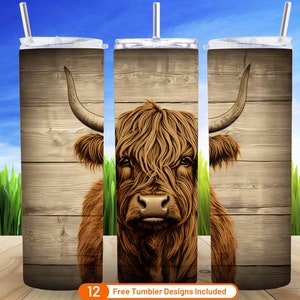3D Highland Cow Rustic 3D Tumbler Wrap 20 oz Skinny Tumbler Sublimation Design Digital Download PNG