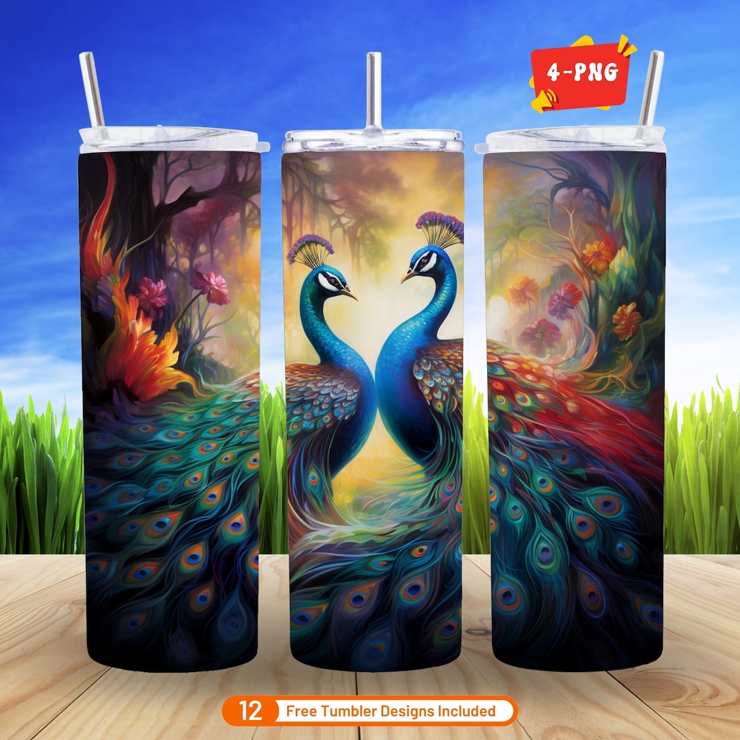 4 Rainbow Peacocks 3D Tumbler Wrap, 20 Oz Skinny Tumbler Design