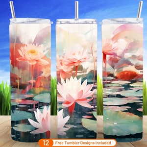 Watercolor Lily Pond 20 oz Skinny Tumbler Sublimation Design Digital Download PNG Cute Watercolor Lily Pad Tumbler Warp Png