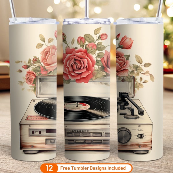 Retro Turntable Floral Art Tumbler Wrap 20 oz Skinny Tumbler Sublimation Design Digital Download PNG