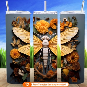 3D Tumbler Warp Dragonfly Floral 20 oz Skinny Tumbler Sublimation Design Digital Download PNG 3D Dragonflies Flowers Seamless Tumbler Wrap