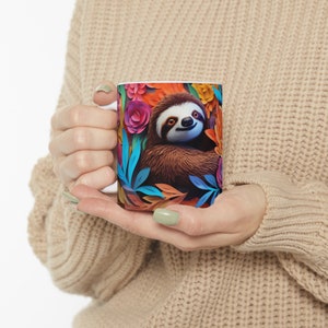 3D Cut Sloth Flowers Mug Sublimation Design Digital Download PNG 3D Floral Sloth 11 oz and 15 oz Mugs PNG 3D Floral Digital Download