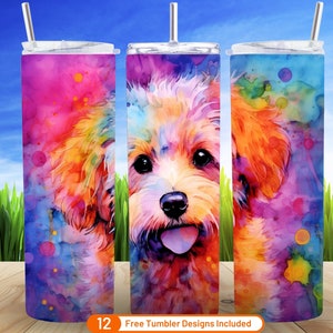 Alcohol Ink Cute Coton De Tulear Dog  20 oz Skinny Tumbler Sublimation Design Seamless Neon Rainbow Dog Mom 20 & 30oz Digital Download PNG