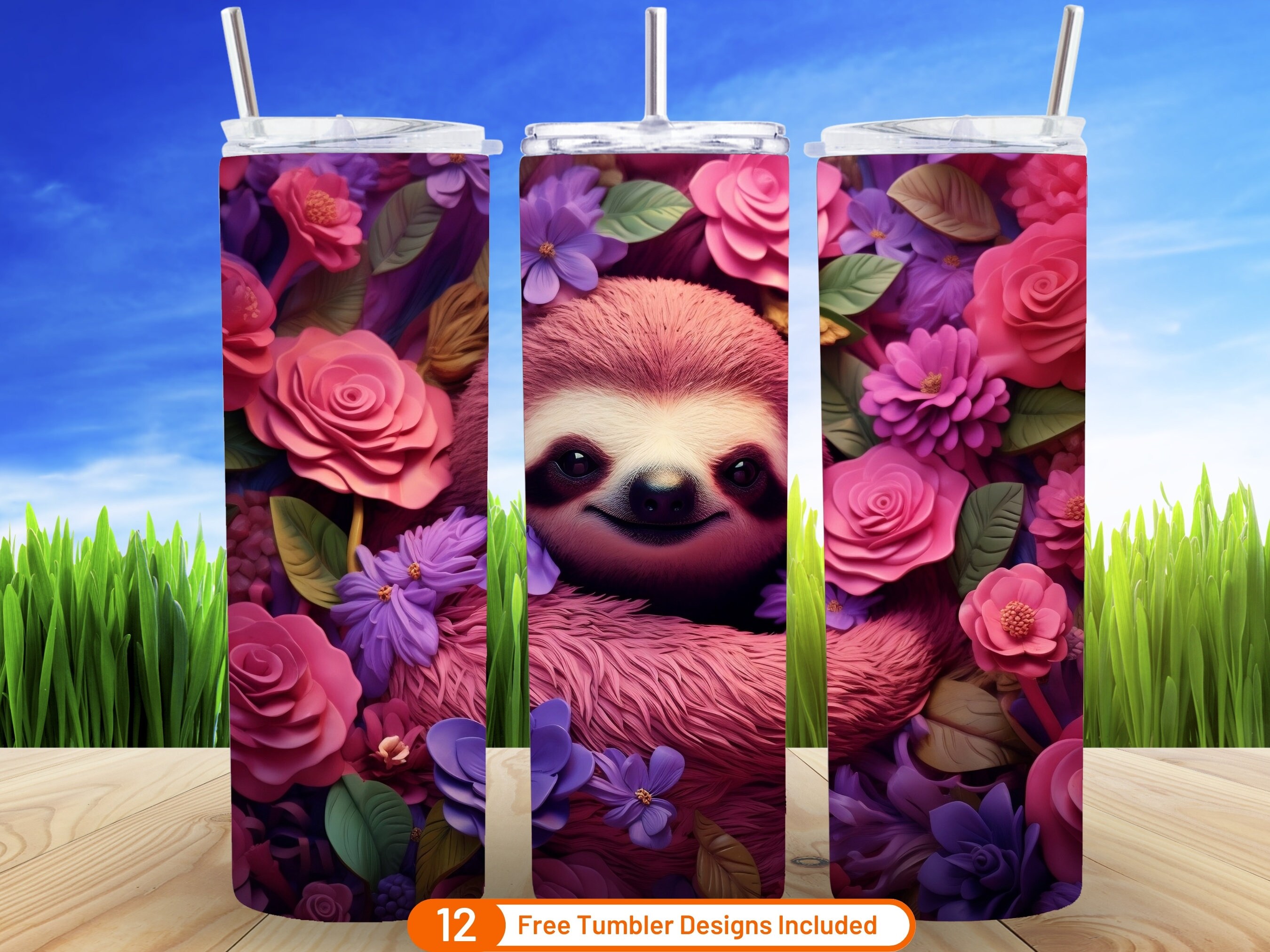 3D Floral Sloth 20 Oz Skinny Tumbler Sublimation Design Digital ...