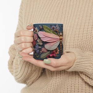 3D Embroidered Dragonfly Floral Mug Sublimation Design Digital Download PNG Colorful 3D Dragonflies Flowers 11 oz and 15 oz Mugs PNG