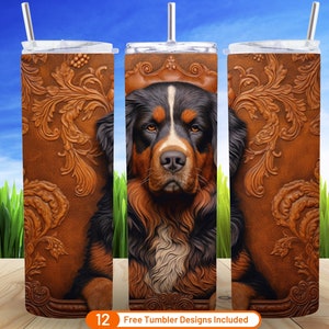 3D Rustic Tooled Leather Bernese Mountain Dog Warp Tumbler Seamless 20oz Skinny Tumbler Sublimation Design Digital Download PNG