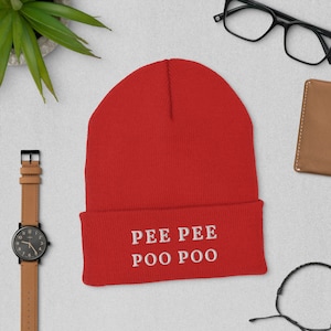 Pee Pee Poo Poo Red Cuffed Beanie, Parody Funny Hat, Knit Hat