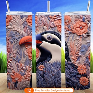 3D Embroidered Penguin 20 oz Skinny Tumbler Sublimation Design Digital Download PNG 3D Colorful Floral Tumbler Penguins Christmas Warp Png