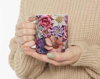 3D Embroidered Flowers Mug Sublimation Design Digital Download PNG 3D Embroidered Floral 11 oz and 15 oz Mugs PNG