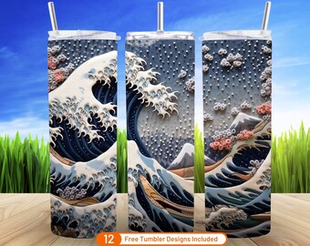 3D Embroidered The Great Wave off Kanagawa 20 oz Skinny Tumbler Sublimation Design Digital Download PNG Japanese Art Tumbler Wrap Great Wave
