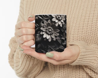 3D geborduurde zwarte bloemen mok sublimatie ontwerp digitale download PNG 3D geborduurde klei schimmel bloemen 11 oz en 15 oz mokken Warp PNG