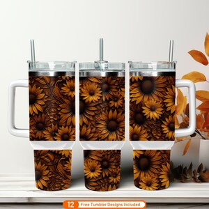 Tooled Leather Sunflower Tumbler Wrap, Western 40oz Design Sublimation, Digital Download PNG for Wood Engraving, Perfect DIY Craft Gift