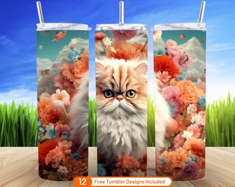 Gatto persiano 3D fiori gatto mamma 20 oz Skinny Tumbler sublimazione Design Download digitale PNG 3D simpatico gattino floreale gatto MomTumbler Warp Png
