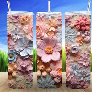 Flores bordadas en 3D 20 oz Skinny Tumbler Sublimación Diseño Descarga digital PNG 3D Bordado Floral 20oz Skinny Tumbler Wrap PNG