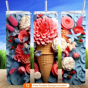 3D Summer Ice Cream Floral 20 oz Skinny Tumbler Sublimation Design Téléchargement numérique PNG 3D Ice Cream Tumbler Warp Png 3D Art Design