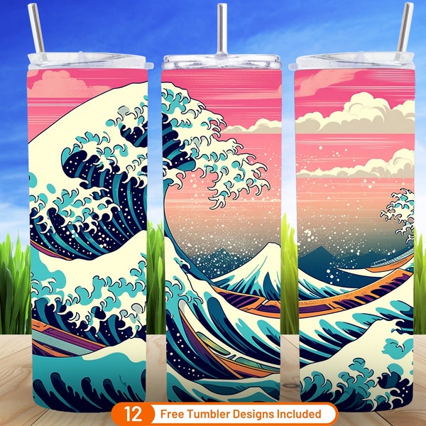 The Great Wave off Kanagawa 20 oz Skinny Tumbler Sublimation Design Digital Download PNG Japanese Art Tumbler Wrap Great Wave PNG