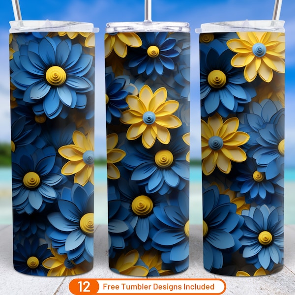3D Quilled Blue and Yellow Flowers 3D Tumbler Wrap 20 oz Skinny Tumbler Sublimation Design Digital Download PNG